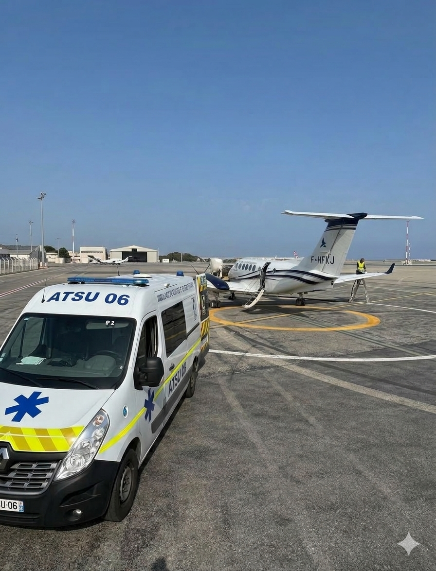 Ambulance ATSU 06 sur le tarmac avec jet sanitaire