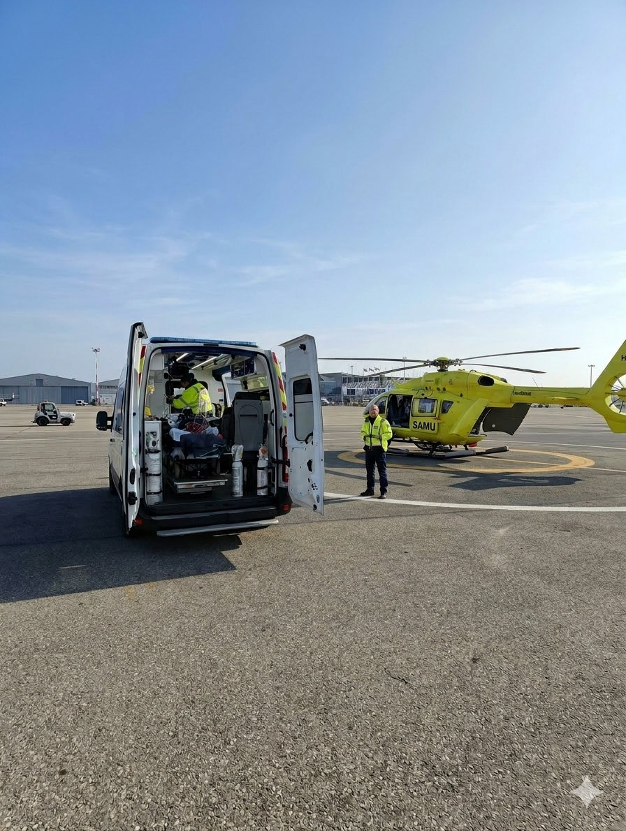 Ambulance et hélicoptère SAMU sur la piste